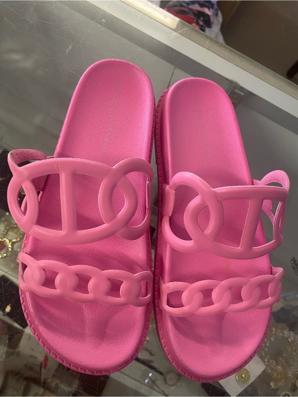 Women's Pink Slide Sandals with Chain-Link Straps